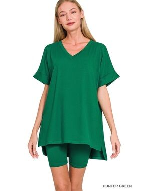 Zenana-COTTON ROUND NECK TOP & BIKER SHORTS, Hunter Green